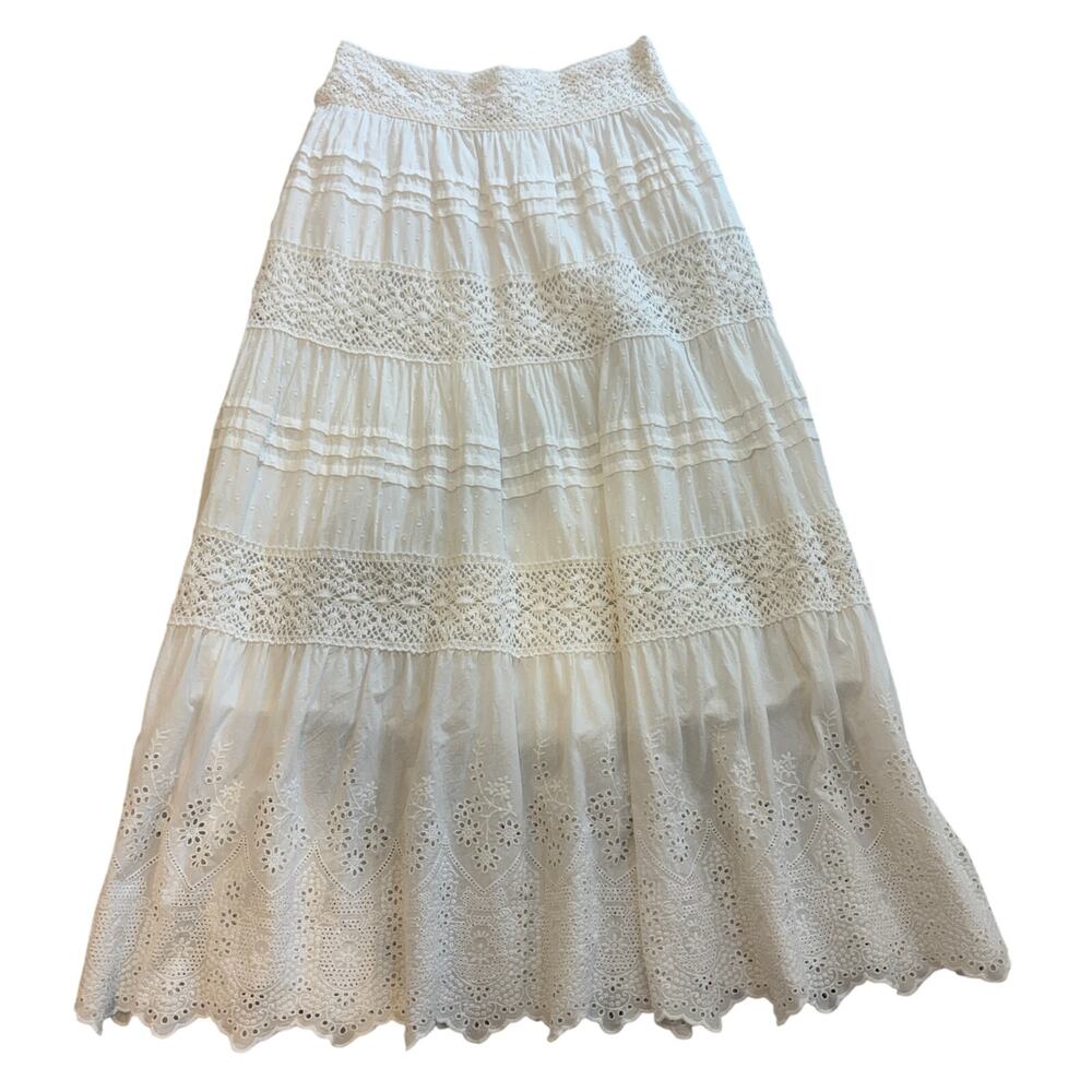 White Cotton Laced Panel Lined Maxi Skirt Size S